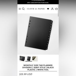 Cloth & Paper MONTHLY SIDE TAB PLANNER DIVIDERS | SERIF STYLE | BLACK PLASTIC